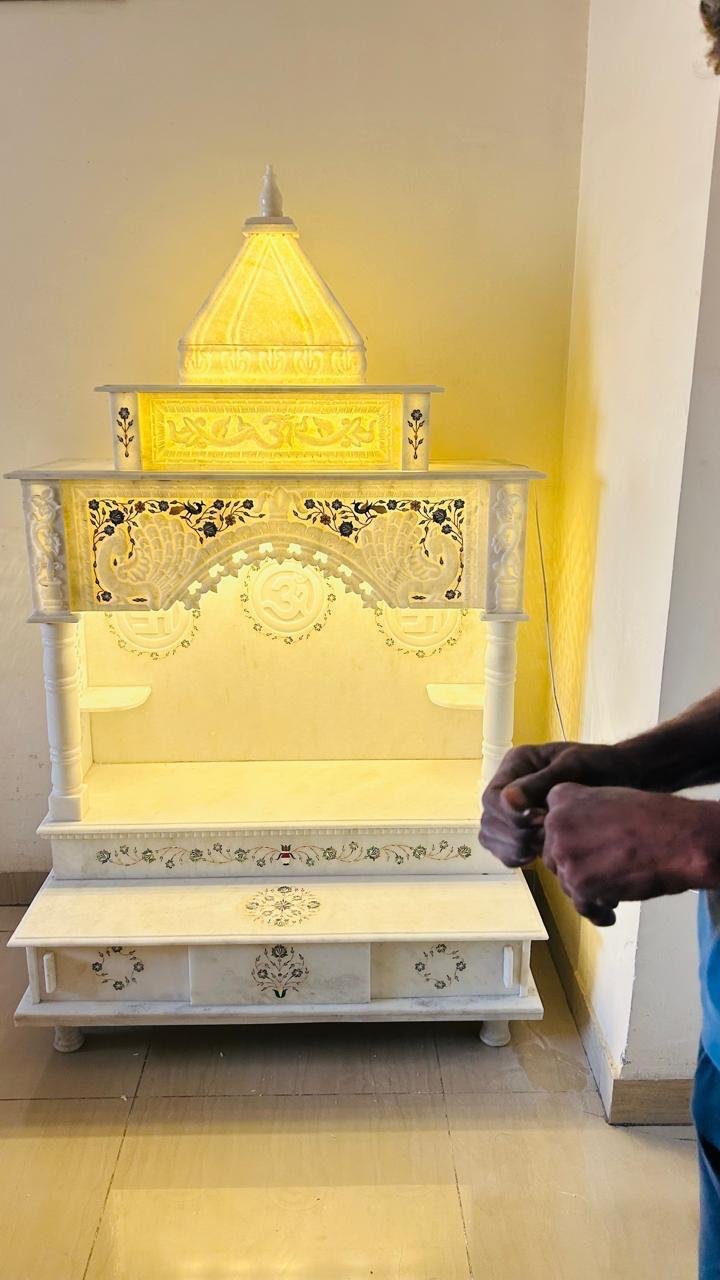 Auspicious White Marble Mandir (Design 11) — Hand-carved Makrana Marble Home Temples