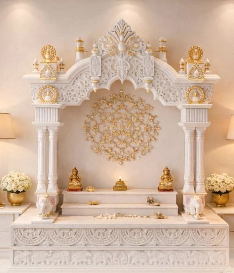Royal White Marble Temple (Design 22) — Hand-carved Makrana Marble Home Temples