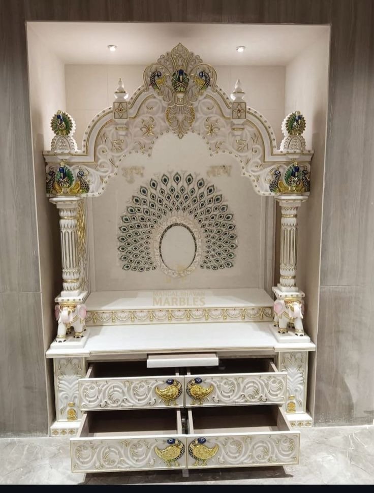 Royal White Marble Temple (Design 25) — Hand-carved Makrana Marble Home Temples