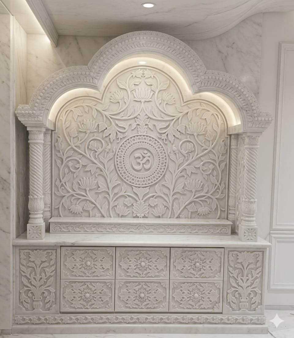 Royal White Marble Temple (Design 42) — Hand-carved Makrana Marble Home Temples
