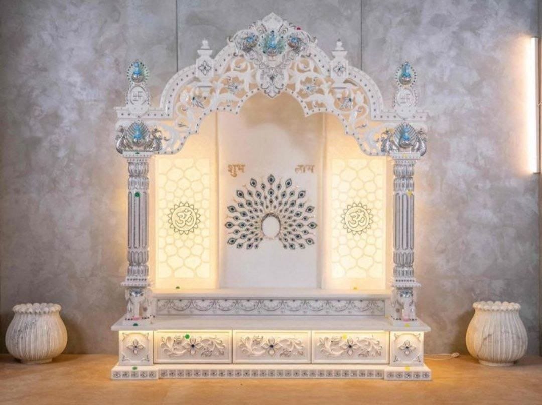 Royal White Marble Temple (Design 50) — Hand-carved Makrana Marble Home Temples