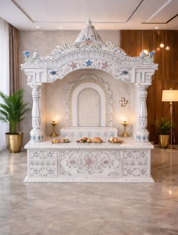 Royal White Marble Temple (Design 60) — Hand-carved Makrana Marble Home Temples