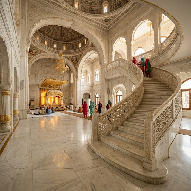 Sikh Gurudwara interior with polished Makrana marble floors and CNC-carved railings — Carved by Makrana